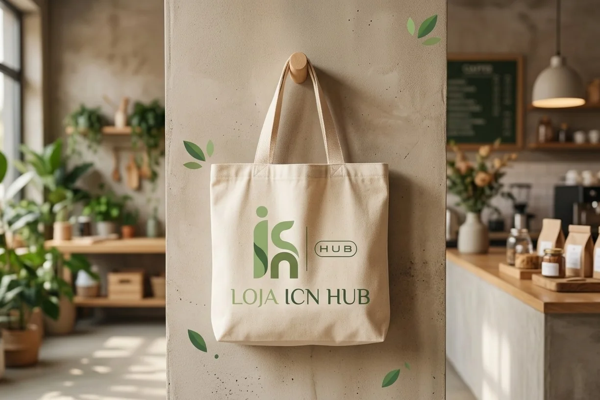 Sacola de algodão com a marca Loja ICN-HUB pendurada em uma coluna